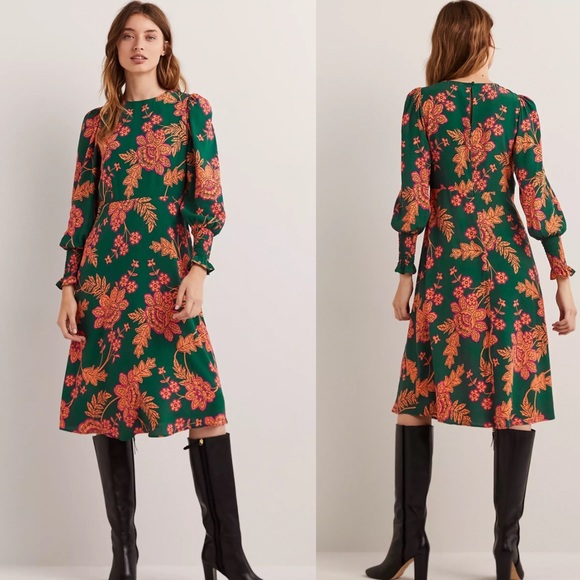 Boden Floral Print Smocked Cuff Midi Dress, Hunter Green/Multi - Picture 1 of 4